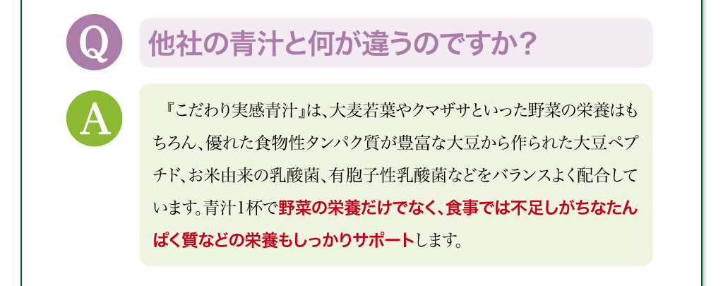 他社の青汁と何が違うのですか？　 『こだわり実感青汁』は、大麦若葉やクマザサといった野菜の栄養はもちろん、優れた食物性タンパク質が豊富な大豆から作られた大豆ペプチド、お米由来の乳酸菌、有胞子性乳酸菌などをバランスよく配合しています。青汁1杯で野菜の栄養だけでなく、食事では不足しがちなたんぱく質などの栄養もしっかりサポートします。