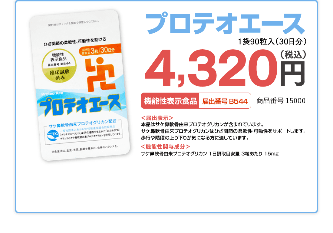 プロテオエース1袋90粒入（30日分） 4,320円（税込） 機能性表示食品 届出番号B544 商品番号10135 ＜届出表示＞本品はサケ鼻軟骨由来プロテオグリカンが含まれています。サケ鼻軟骨由来プロテオグリカンはひざ関節の柔軟性・可動性をサポートします。歩行や階段の上り下りが気になる方に適しています。 ＜機能性関与成分＞サケ鼻軟骨由来プロテオグリカン 1日摂取目安量 3粒あたり 15mg サケ鼻軟骨抽出物(プロテオグリカンF)として 75mg