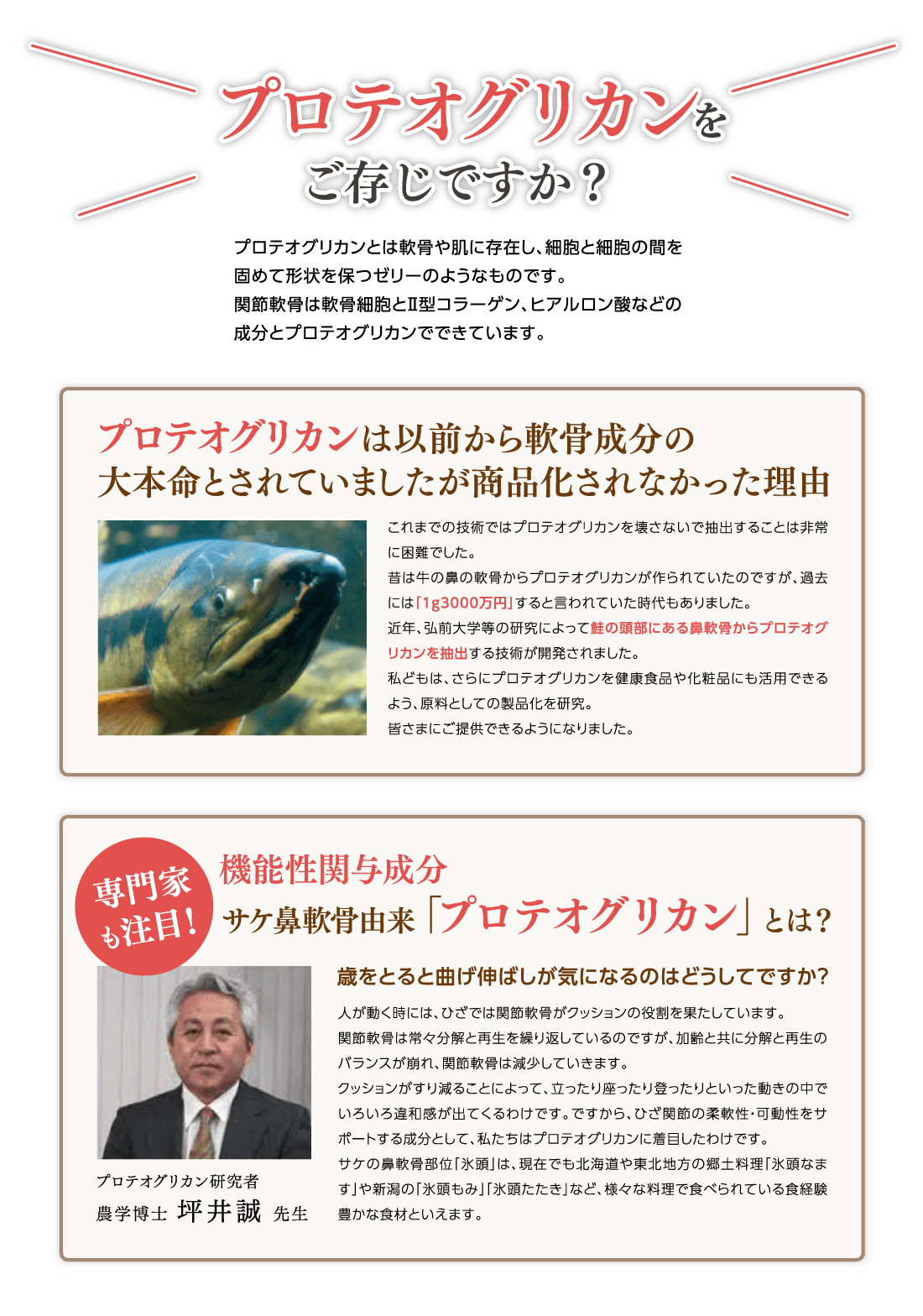 プロテオグリカンをご存じですか？　プロテオグリカンとは軟骨や肌に存在し、細胞と細胞の間を固めて形状を保つゼリーのようなものです。　関節軟骨は軟骨細胞とⅡ型コラーゲン、ヒアルロン酸などの成分とプロテオグリカンでできています。　プロテオグリカンは以前から軟骨成分の大本命とされていましたが商品化されなかった理由　これまでの技術ではプロテオグリカンを壊さないで抽出することは非常に困難でした。昔は牛の鼻の軟骨からプロテオグリカンが作られていたのですが、過去には「1g3000万円」すると言われていた時代もありました。近年、弘前大学等の研究によって鮭の頭部にある鼻軟骨からプロテオグリカンを抽出する技術が開発されました。私どもは、さらにプロテオグリカンを健康食品や化粧品にも活用できるよう、原料としての製品化を研究。皆さまにご提供できるようになりました。　専門家も注目！機能性関与成分　サケ鼻軟骨由来「プロテオグリカン」とは？　歳をとると曲げ伸ばしが気になるのはどうしてですか？人が動く時には、ひざでは関節軟骨がクッションの役割を果たしています。関節軟骨は常々分解と再生を繰り返しているのですが、加齢と共に分解と再生のバランスが崩れ、関節軟骨は減少していきます。　クッションがすり減ることによって、立ったり座ったり登ったりといった動きの中でいろいろ違和感が出てくるわけです。ですから、ひざ関節の柔軟性・可動性をサポートする成分として、私たちはプロテオグリカンに着目したわけです。サケの鼻軟骨部位「氷頭」は、現在でも北海道や東北地方の郷土料理「氷頭なます」や新潟の「氷頭もみ」「氷頭たたき」など、様々な料理で食べられている食経験豊かな食材といえます。　プロテオグリカン研究者 農学博士坪井誠先生