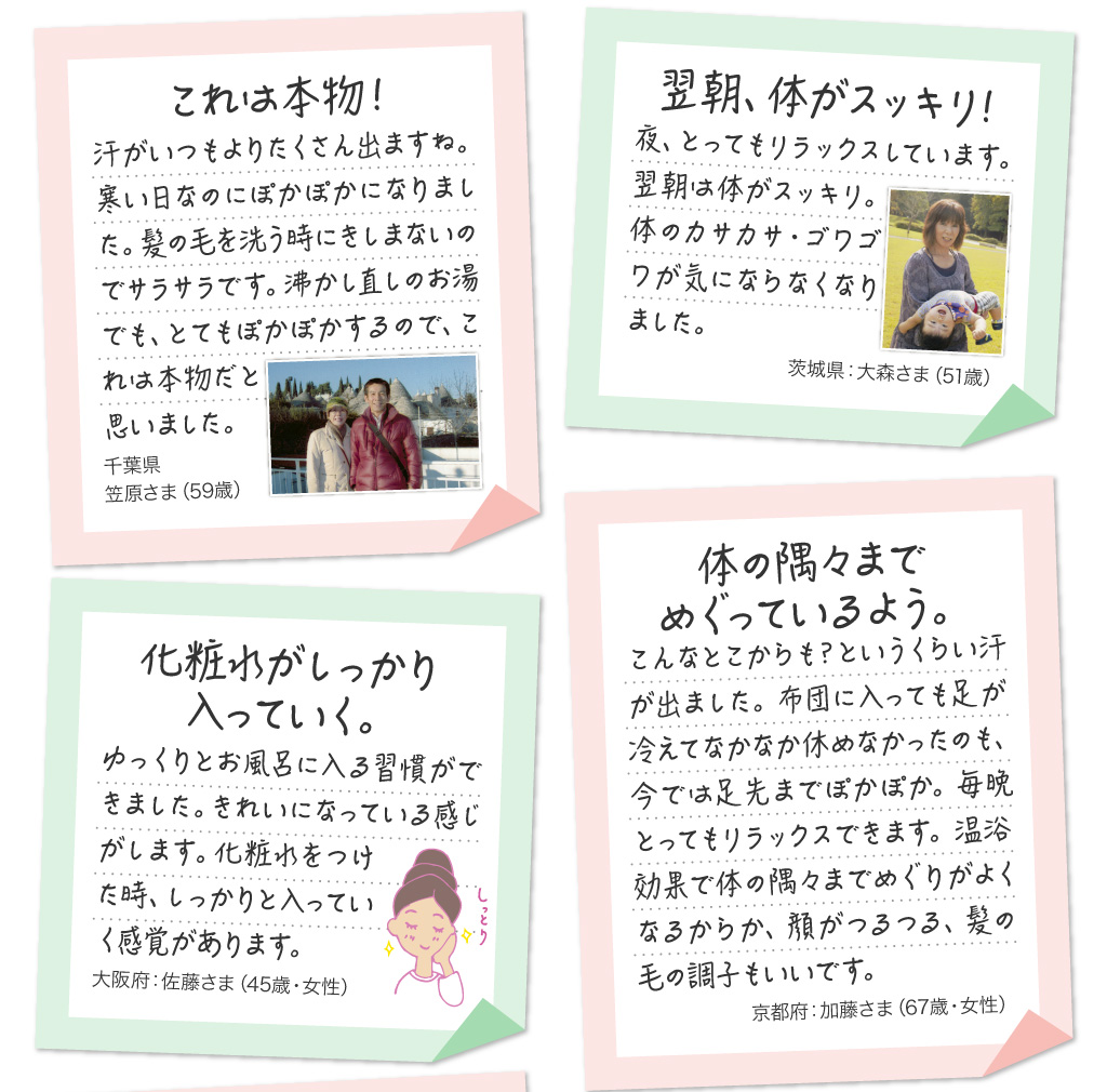 これは本物！　汗がいつもよりたくさん出ますね。寒い日なのにぽかぽかになりました。髪の毛を洗う時にきしまないのでサラサラです。沸かし直しのお湯でも、とてもぽかぽかするので、これは本物だと思いました。千葉県：笠原さま（59歳）　翌朝、体がスッキリ!　夜、とってもリラックスしています。翌朝は体がスッキリ。体のカサカサ・ゴワゴワが気にならなくなりました。茨城県：大森さま（51歳）　化粧水がしっかり入っていく。　ゆっくりとお風呂に入る習慣ができました。きれいになっている感じがします。化粧水をつけた時、しっかりと入っていく感覚があります。大阪府：佐藤さま（45歳・女性）　体の隅々までめぐっているよう。　こんなとこからも？というくらい汗が出ました。布団に入っても足が冷えてなかなか休めなかったのも、今では足先までぽかぽか。毎晩とってもリラックスできます。温浴効果で体の隅々までめぐりがよくなるからか、顔がつるつる、髪の毛の調子もいいです。京都府：加藤さま（67歳・女性）