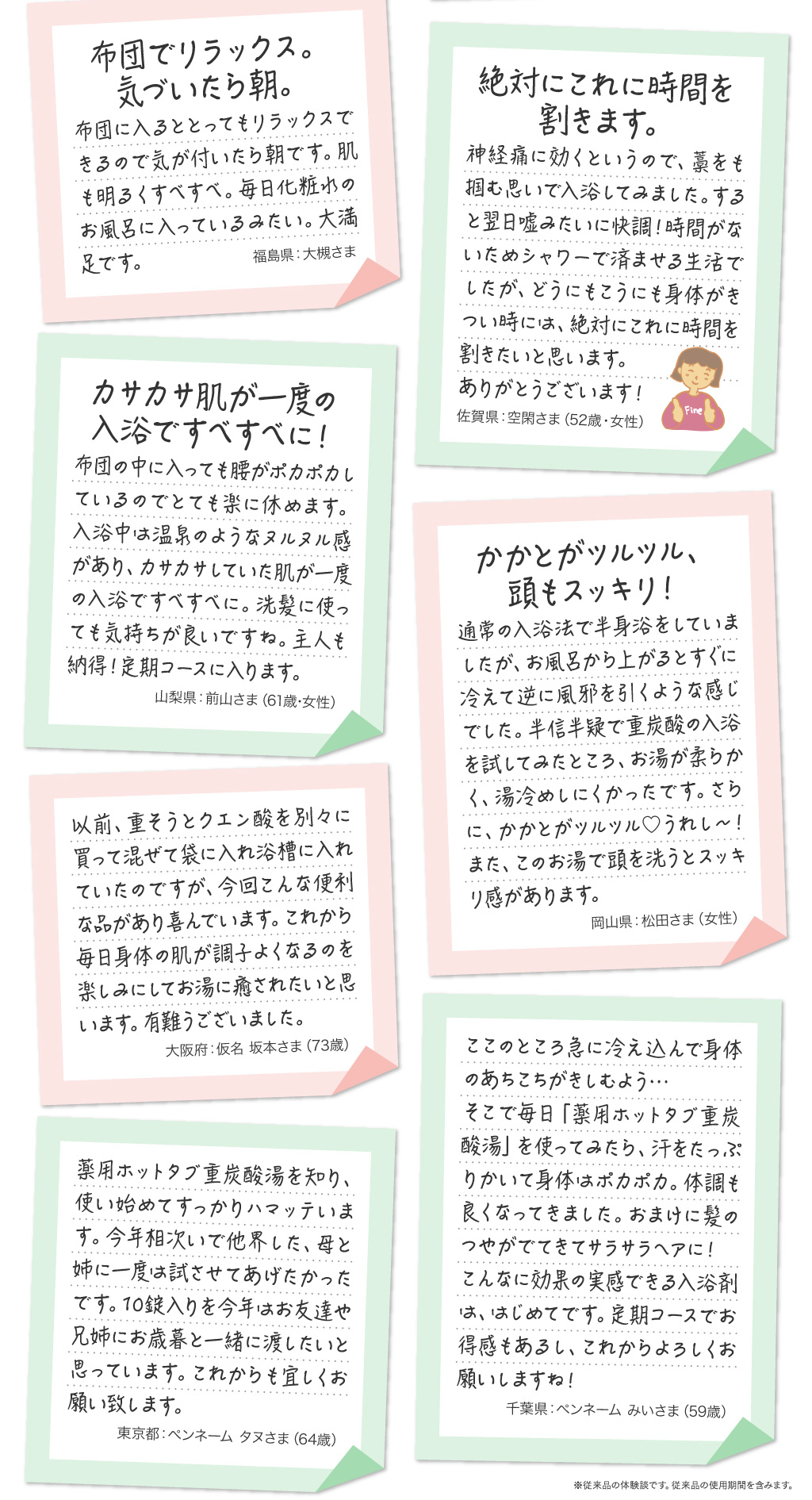 布団でリラックス。気づいたら朝。　布団に入るととってもリラックスできるので気が付いたら朝です。肌も明るくすべすべ。毎日化粧水のお風呂に入っているみたい。大満足です。福島県：大槻さま　絶対にこれに時間を割きます。　神経痛に効くというので、藁をも掴む思いで入浴してみました。すると翌日嘘みたいに快調！時間がないためシャワーで済ませる生活でしたが、どうにもこうにも身体がきつい時には、絶対にこれに時間を割きたいと思います。ありがとうございます！佐賀県：空閑さま（52歳・女性）　カサカサ肌が一度の入浴ですべすべに！　布団の中に入っても腰がポカポカしているのでとても楽に休めます。入浴中は温泉のようなヌルヌル感があり、カサカサしていた肌が一度の入浴ですべすべに。洗髪に使っても気持ちが良いですね。主人も納得！定期コースに入ります。山梨県：前山さま（61歳･女性）　かかとがツルツル、頭もスッキリ！　通常の入浴法で半身浴をしていましたが、お風呂から上がるとすぐに冷えて逆に風邪を引くような感じでした。半信半疑で重炭酸の入浴を試してみたところ、お湯が柔らかく、湯冷めしにくかったです。さらに、かかとがツルツル♡うれし～！また、このお湯で頭を洗うとスッキリ感があります。岡山県：松田さま（女性）　以前、重そうとクエン酸を別々に買って混ぜて袋に入れ浴槽に入れていたのですが、今回こんな便利な品があり喜んでいます。これから毎日身体の肌が調子よくなるのを楽しみにしてお湯に癒されたいと思います。有難うございました。大阪府：仮名 坂本さま（73歳）　ここのところ急に冷え込んで身体のあちこちがきしむよう…そこで毎日「薬用ホットタブ重炭酸湯」を使ってみたら、汗をたっぷりかいて身体はポカポカ。体調も良くなってきました。おまけに髪のつやがでてきてサラサラヘアに！こんなに効果の実感できる入浴剤は、はじめてです。定期コースでお得感もあるし、これからよろしくお願いしますね！千葉県：ペンネーム みいさま（59歳）　薬用ホットタブ重炭酸湯を知り、使い始めてすっかりハマッテいます。今年相次いで他界した、母と姉に一度は試させてあげたかったです。10錠入りを今年はお友達や兄姉にお歳暮と一緒に渡したいと思っています。これからも宜しくお願い致します。東京都：ペンネーム タヌさま（64歳）