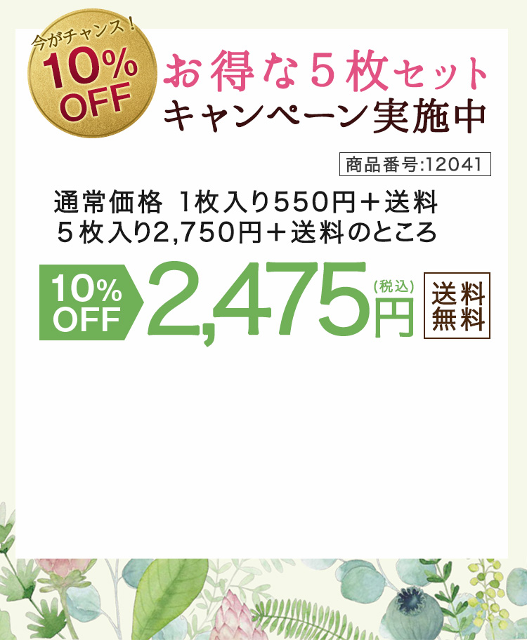 10%OFF!お得な5枚セットキャンペーン実施中。通常価格 1枚入り550円＋送料/5枚入り2,750円＋送料のところ10%OFF2,475円(税込)＋送料(商品番号:22041)。1枚のみの購入はこちら1枚550円(税込)＋送料(商品番号:12041)。